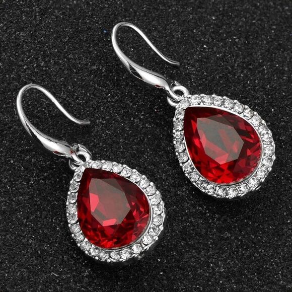 14K White Gold with Ruby Red Austrian Crystal Teardrop Halo Drop Hook Earrings - Picture 2 of 6